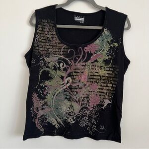 Basic Editions Black Rhinestone Graphic Tank Top Y2K Grunge Gothic-Size XL
